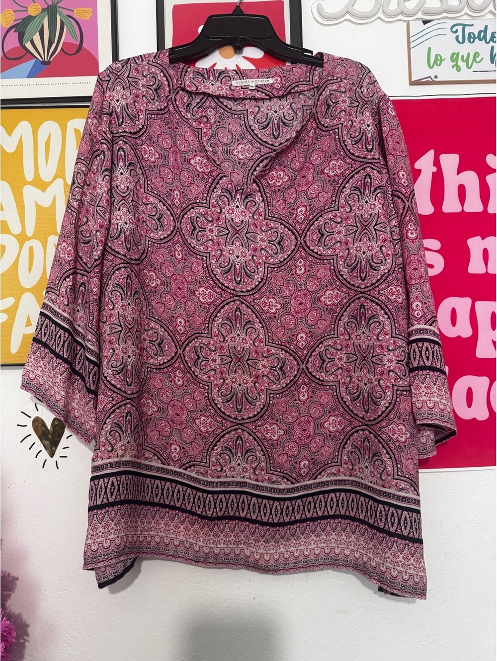 Violet + Claire Women’s 3X Pink Black Paisley Tunic Blouse 3/4 Sleeve Plus Size